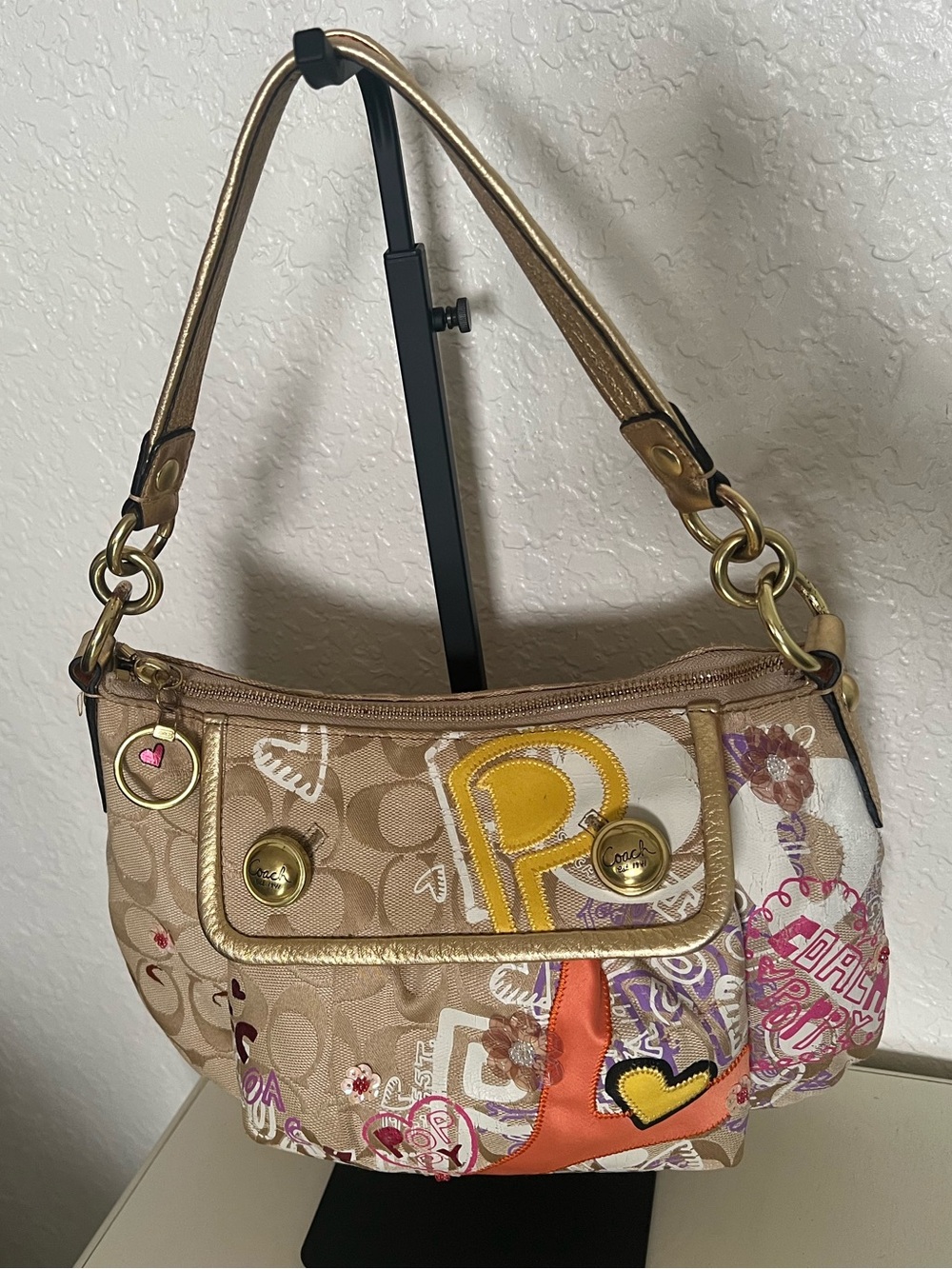 Coach Poppy Canvas Shoulder Bag with Colorful Embroidered Accents